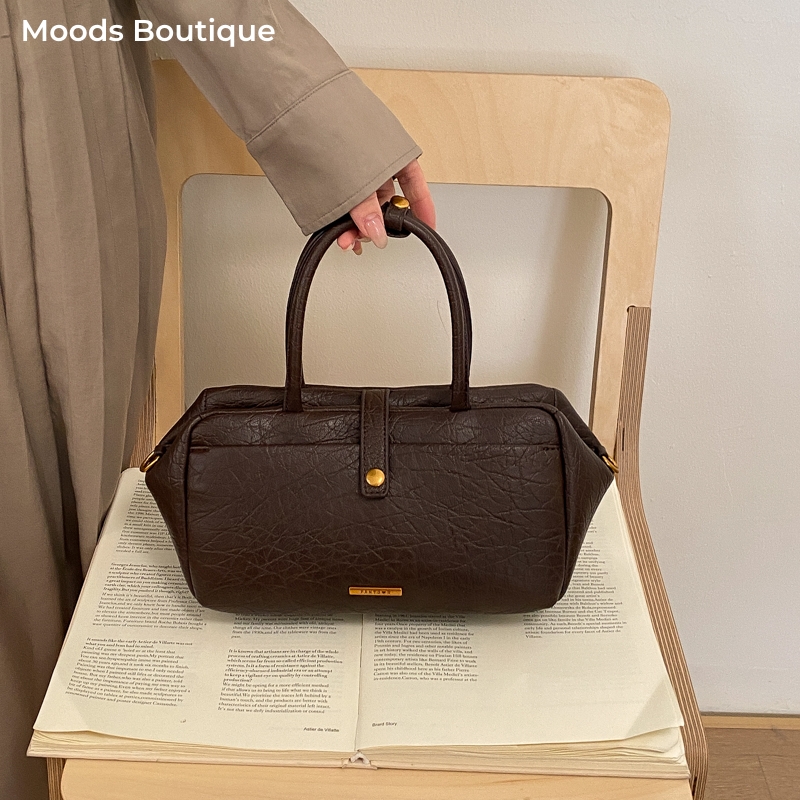Luxury Bags Vegan - กระเป๋าถือ MOODS รุ่นวินเทจสำหรับผู้หญิง หนังวีแกน สีพื้น กระเป๋าสะพายไหล่ทรงบอสตันขนาดเล็ก